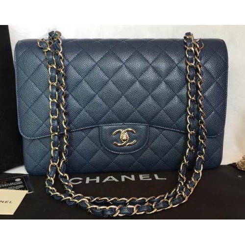 Geantă Chanel Jumbo Double Flaps, model albastru Cannage A36097, argintiu