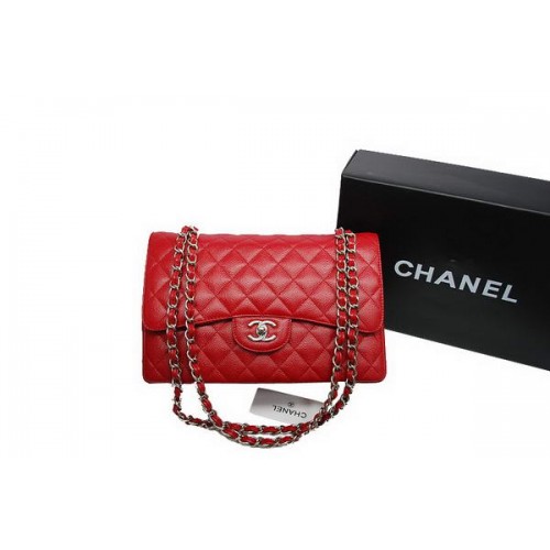 Geantă Chanel Jumbo Double Flaps, piele originală Caviar, roșie, A36097, argintie