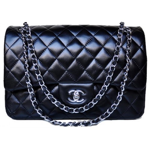 Geantă Chanel Jumbo Quilted Classic Black Sheep Skin Flap A58600 Argintie