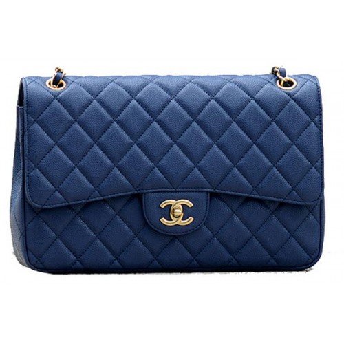 Geantă Chanel Jumbo Quilted Classic Flap, albastră, modele Cannage A58600, aurie