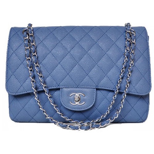 Geantă Chanel Jumbo Quilted Classic Flap, albastră, modele Cannage, A58600, argintie
