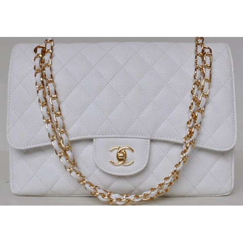 Geantă Chanel Jumbo Quilted Classic Flap, albă, modele Cannage A58600, aurie