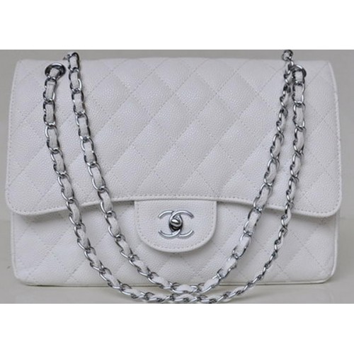 Geantă Chanel Jumbo Quilted Classic Flap, albă, modele Cannage A58600 argintie