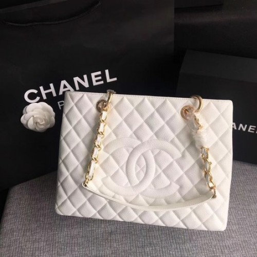 Geantă de cumpărături Chanel LE Boy Grand, model Cannage alb, A50995, auriu