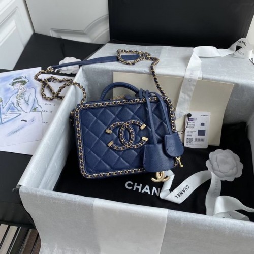 Geantă cosmetică Chanel Lambskin Crystal Calfskin din metal auriu 8817 albastru închis