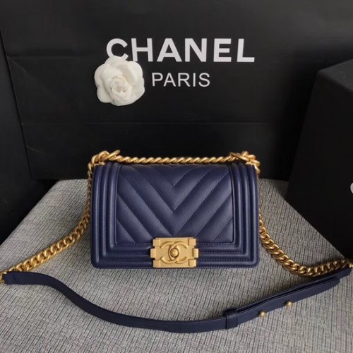 Geantă de umăr Chanel Le Boy Flap, piele de vițel originală A67085, albastru închis, cataramă aurie