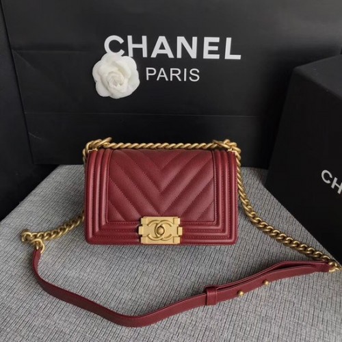 Geantă de umăr Chanel Le Boy Flap, piele originală Caviar P67085, cataramă aurie roșu intens