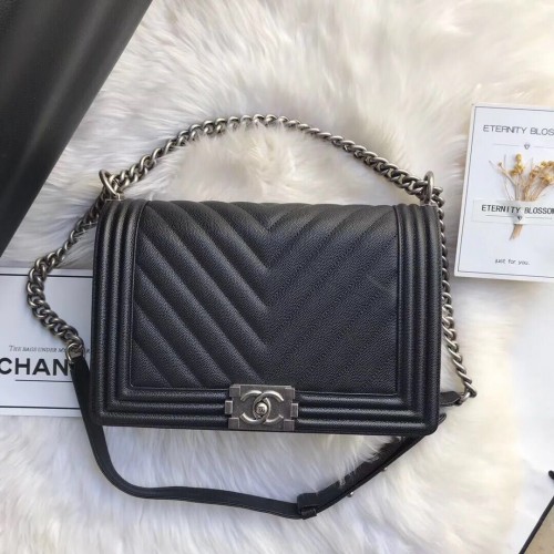 Geantă de umăr Chanel Leboy Original Caviar din piele neagră A67087 argintie