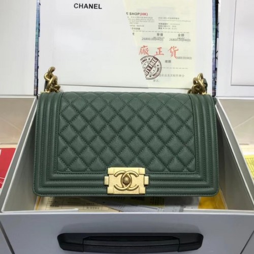 Geantă de umăr Chanel Leboy Original din piele caviar A67086 lanț auriu verde