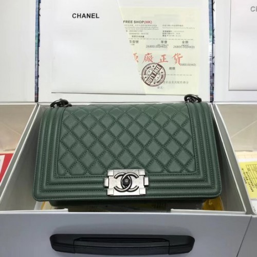 Geantă de umăr Chanel Leboy Original din piele caviar A67086 lanț argintiu verde