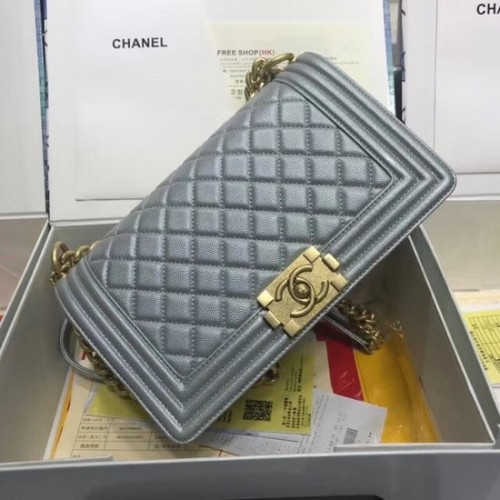 Geantă de umăr Chanel Leboy Original din piele caviar A67086 lanț argintiu-auriu