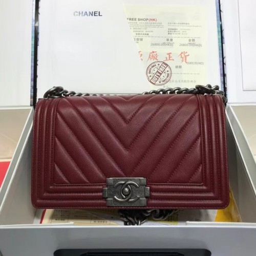 Geantă de umăr Chanel Leboy Original din piele caviar V67086 Lanț argintiu vin