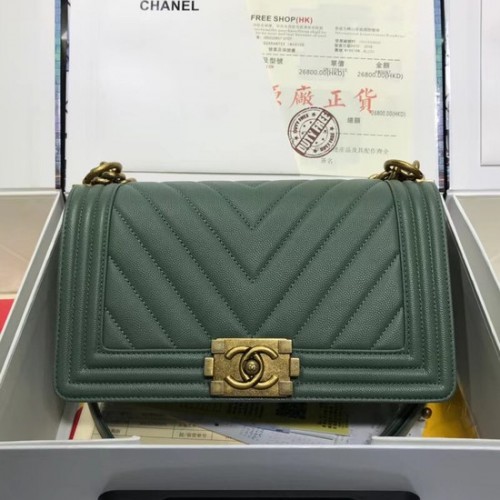 Geantă de umăr Chanel Leboy Original din piele caviar V67086 lanț auriu verde
