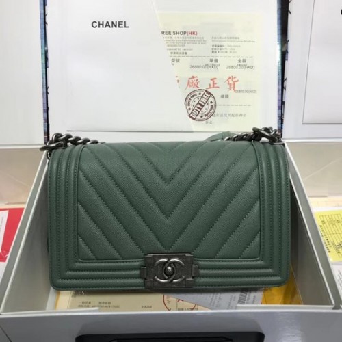 Geantă de umăr Chanel Leboy Original din piele caviar V67086 lanț argintiu verde