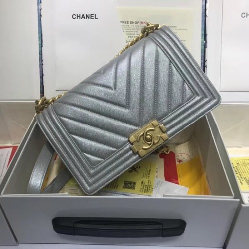 Geantă de umăr Chanel Leboy Original din piele caviar V67086 lanț argintiu-auriu