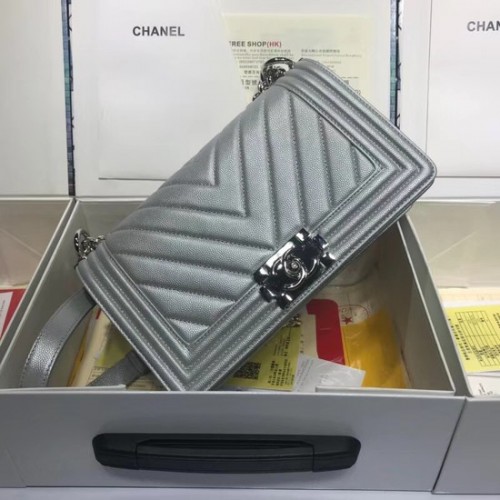 Geantă de umăr Chanel Leboy Original din piele caviar V67086 lanț argintiu