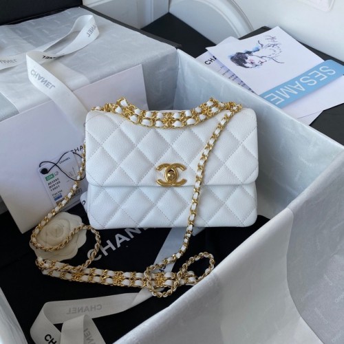 Chanel MINI FLAP BAG Piele de vițel granulată Metal auriu AS3580 alb