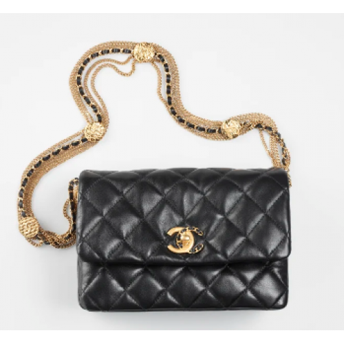 Chanel MINI FLAP BAG Piele de miel, metal auriu AS3378 negru