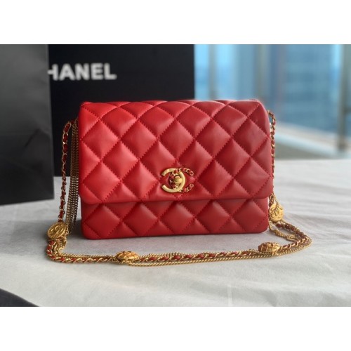 Chanel MINI FLAP BAG Piele de miel Metal auriu AS3378 roșu