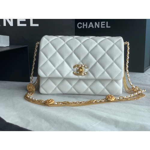 Chanel MINI FLAP BAG Piele de miel, metal auriu AS3378 alb