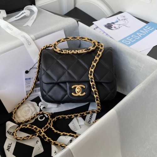 Chanel MINI FLAP BAG Piele de miel, metal auriu AS3450 negru