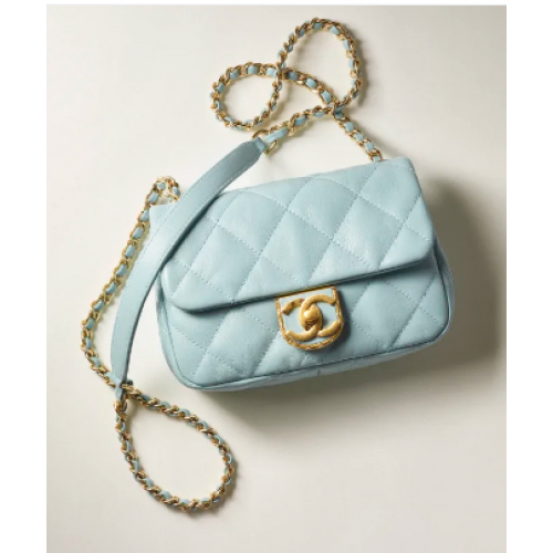 Chanel MINI FLAP BAG Piele de miel Metal auriu AS3473 Albastru deschis