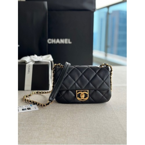 Chanel MINI FLAP BAG Piele de miel, metal auriu AS3473 negru