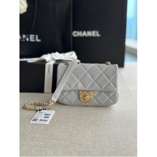 Chanel MINI FLAP BAG Piele de miel Metal auriu AS3473 gri