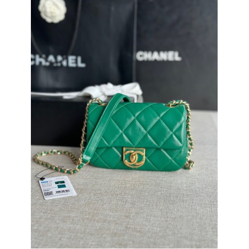 Chanel MINI FLAP BAG Piele de miel Metal auriu AS3473 verde