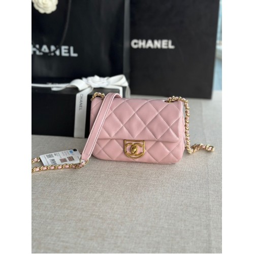 Chanel MINI FLAP BAG Piele de miel Metal auriu AS3473 roz