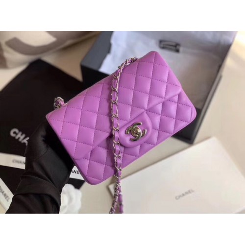 Geantă Chanel MINI Flap Leather Original Sheepskin 1116 Lavandă argintie-Metal