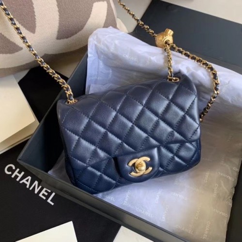 Geantă Chanel MINI cu clapă, piele de oaie originală AS1786, albastru marin