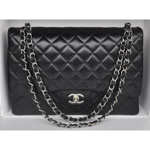 Geantă Chanel Maxi Classic A36098 Negru, piele de oaie, argintiu