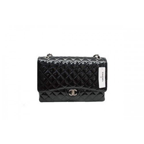 Geantă Chanel Maxi Double Flaps A36098 Negru Original Piele Lacuită Argintiu