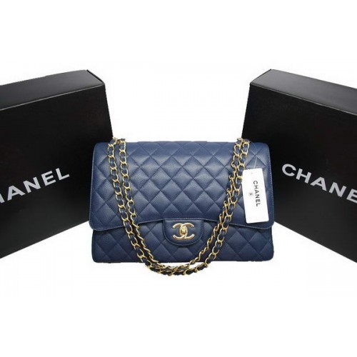 Geantă Chanel Maxi Double Flaps A36098 Albastră Originală din Piele Caviar Aurie
