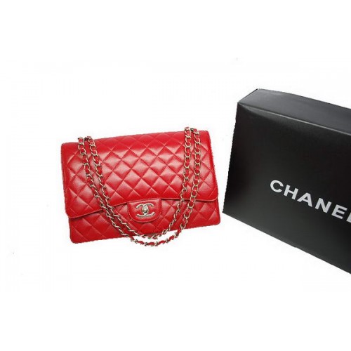 Geantă Chanel Maxi Double Flaps A36098 Roșie Originală Piele Caviar Argintie