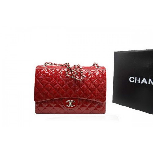 Geantă Chanel Maxi Double Flaps A36098 Roșie Originală din Piele Lăcuită Argintie
