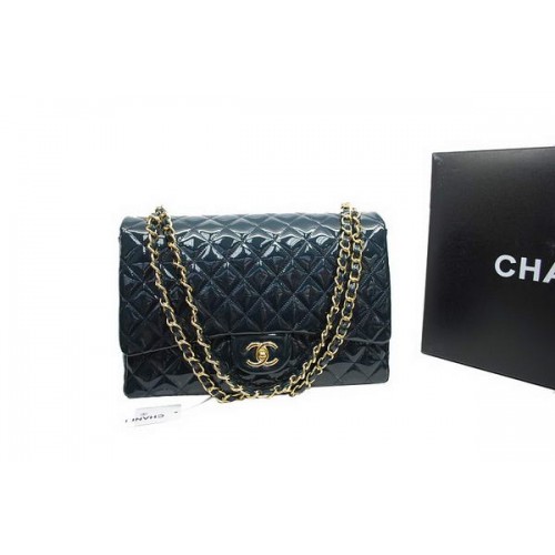 Geantă Chanel Maxi Double Flaps A36098 Royalblue Original din piele patentată aurie