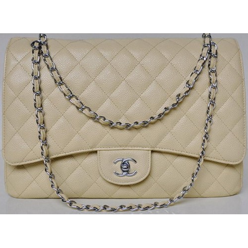 Geantă Chanel Maxi Quilted Classic Flap, modele Apricot Cannage A58601 argintie