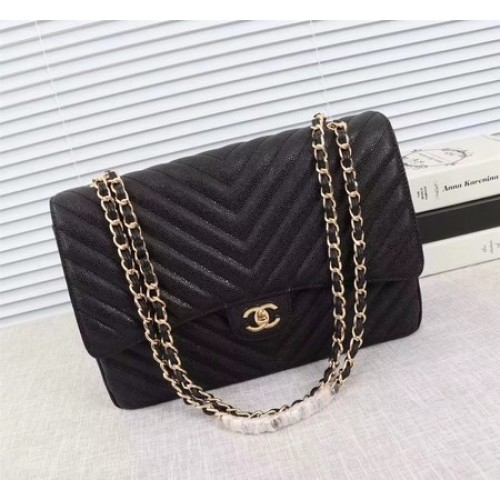 Geantă Chanel Maxi Quilted Classic Flap, model Chevron Cannage, neagră, A58601, aurie