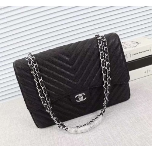 Geantă Chanel Maxi Quilted Classic Flap, model Chevron Cannage, neagră, A58601, argintie