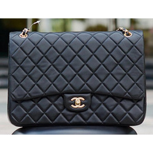 Geantă Chanel Maxi Quilted Classic Flap, piele de oaie neagră A58601 aurie