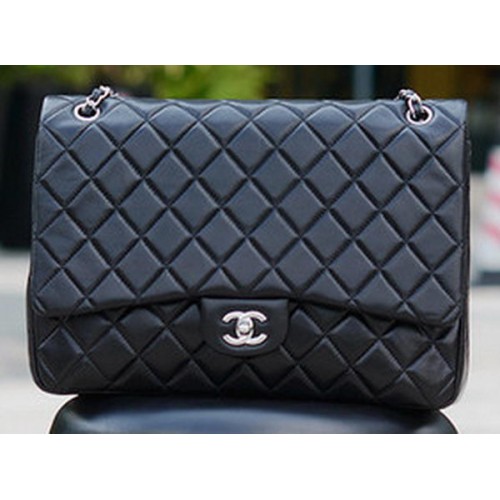 Geantă Chanel Maxi Quilted Classic Flap, piele de oaie neagră A58601 argintie