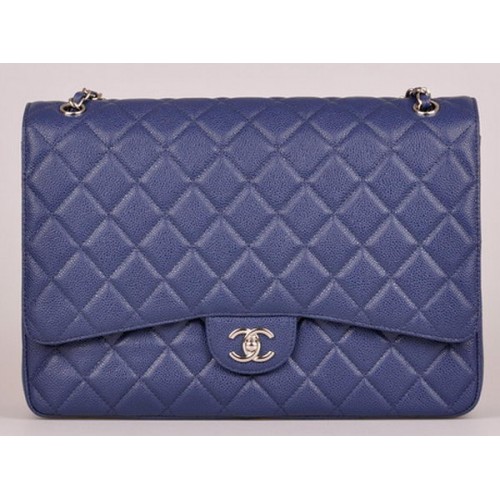 Geantă Chanel Maxi Quilted Classic Flap, model albastru Cannage A58601 argintiu