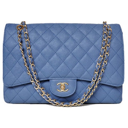 Geantă Chanel Maxi Quilted Classic Flap, albastră, modele Cannage A58601, aurie