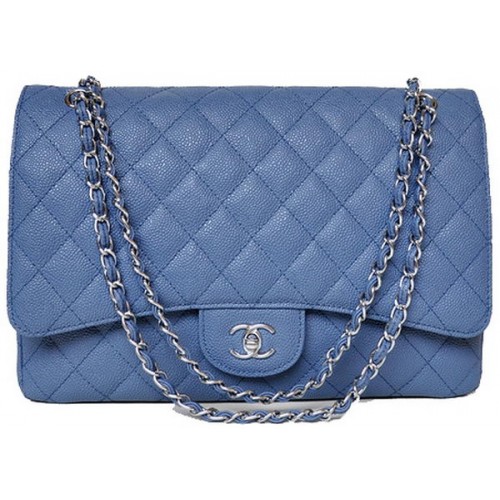 Geantă Chanel Maxi Quilted Classic Flap, albastră, modele Cannage, A58601, argintie