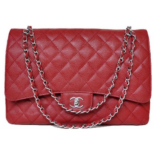 Geantă Chanel Maxi Quilted Classic Flap, Burgundy, modele Cannage, A58601, argintiu