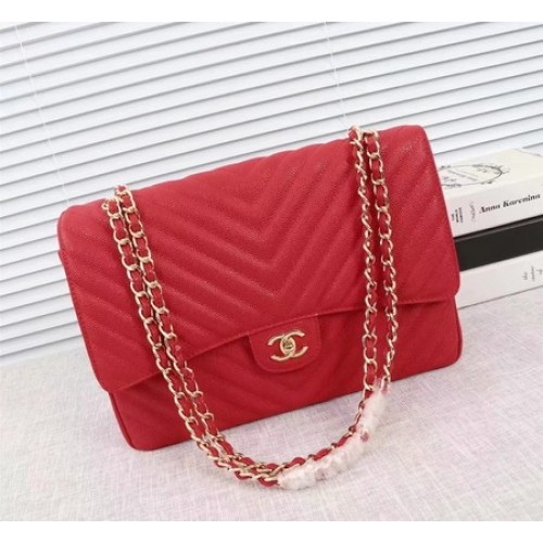 Geantă Chanel Maxi Quilted Classic Flap, model Cannage Chevron roșu A58601 auriu