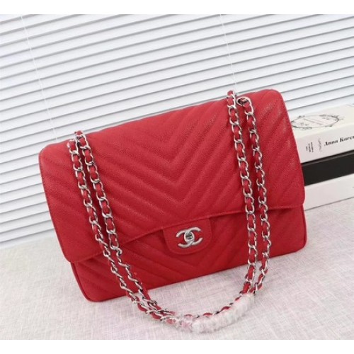 Geantă Chanel Maxi Quilted Classic Flap, model Cannage, model Chevron roșu A58601 argintiu