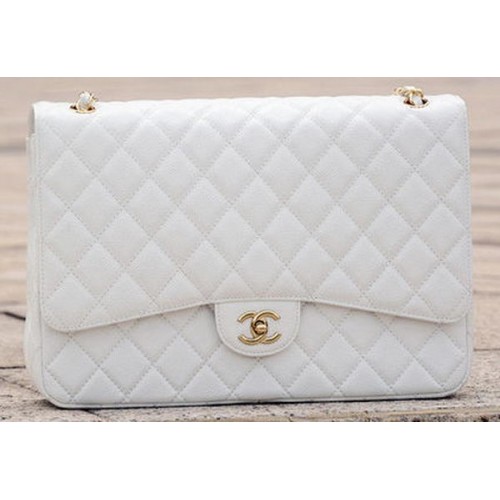 Geantă Chanel Maxi Quilted Classic Flap, albă, model Cannage, A58601, aurie